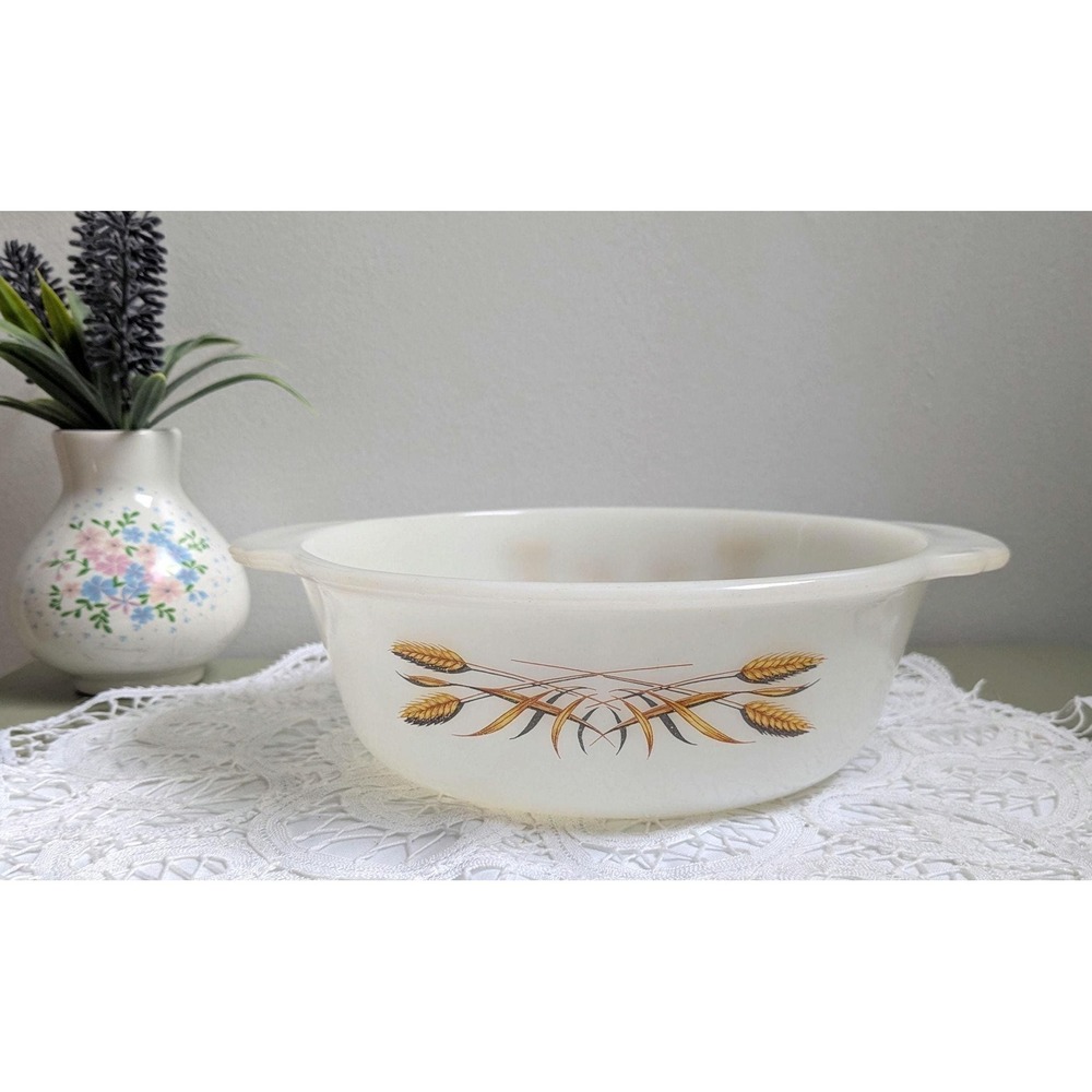 Vintage Fire King Anchor Hocking Casserole Dish, Wheat Pattern Milk Glass